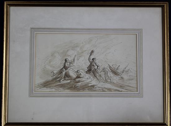 Attributed to John Joseph Barker (fl.1835-1863) Survivors struggling ashore from a shipwreck, 6.25 x 11in.